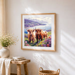 Scottish highland cows and wildflowers cross stitch artwork displayed on wall as home decor