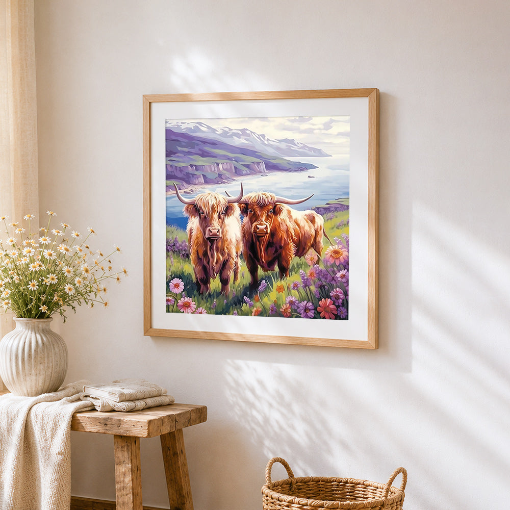 Scottish highland cows and wildflowers cross stitch artwork displayed on wall as home decor