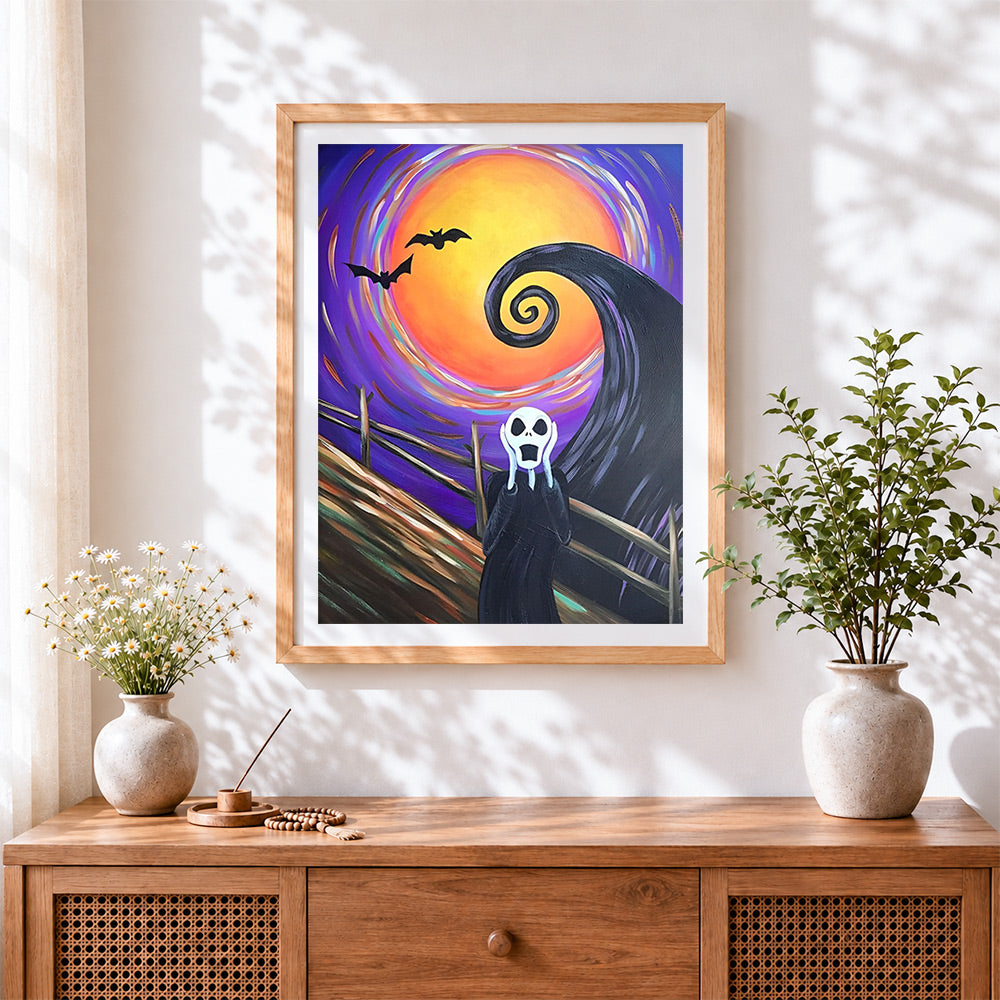 Finished scream mask jack skellington paint by numbers artwork displayed as home decor
