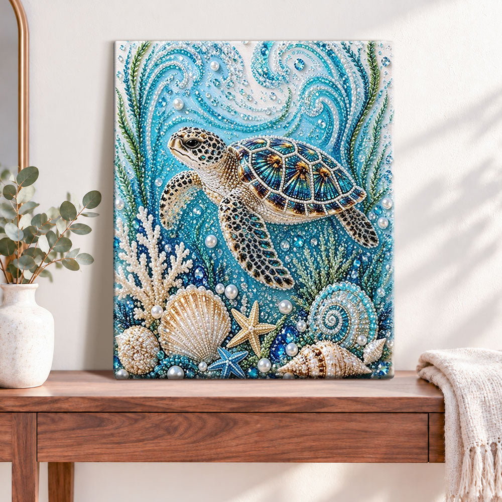 Finished sea turtle in underwater world pearl diamond painting artwork displayed as home decor
