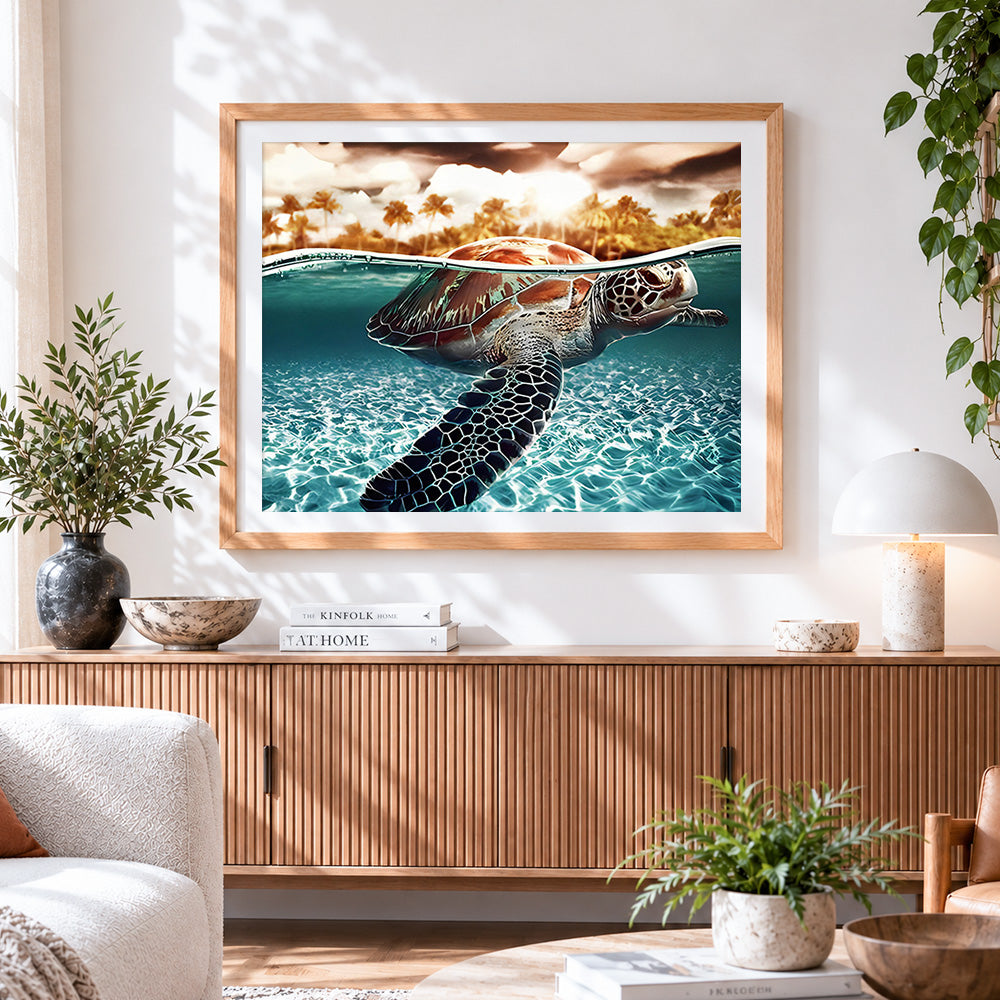 Finished sea turtle swimming cross stitch artwork displayed