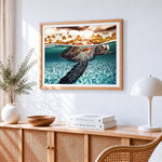 Sea turtle swimming cross stitch artwork displayed on wall as home decor