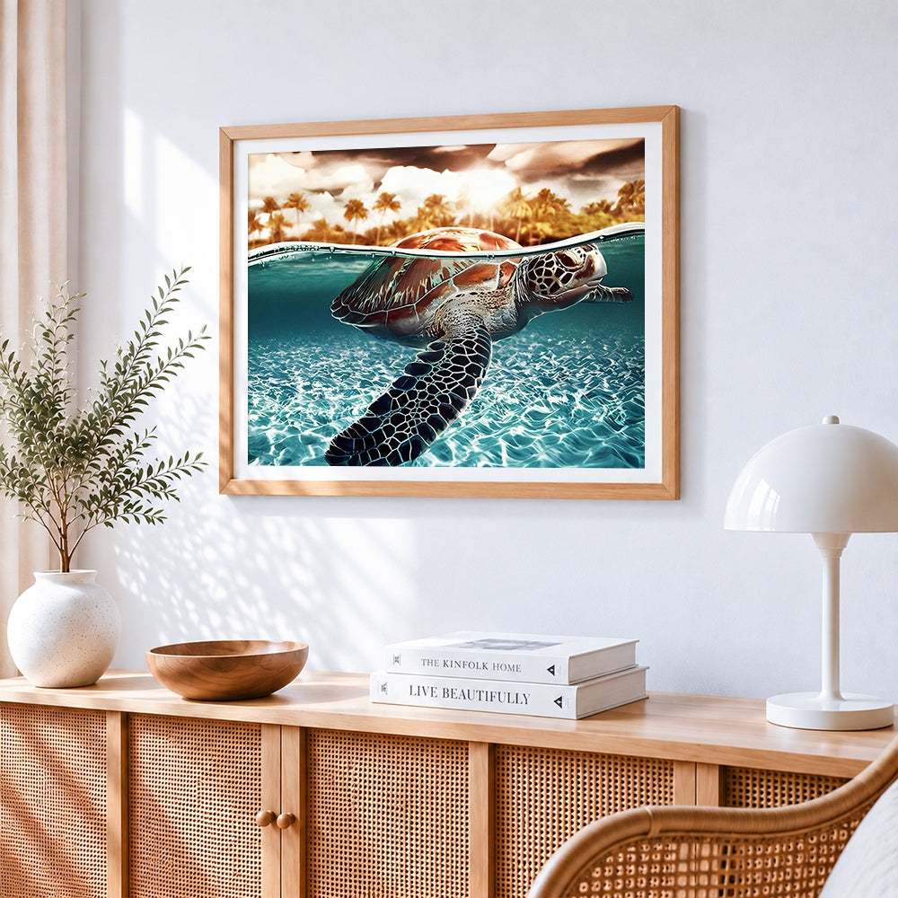 Sea turtle swimming cross stitch artwork displayed on wall as home decor