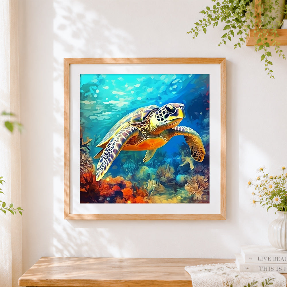 Finished sea turtle swimming underwater cross stitch artwork displayed