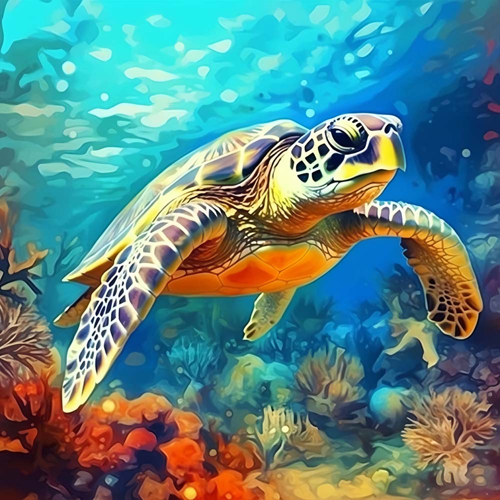 Sea turtle swimming underwater cross stitch kit for beginners