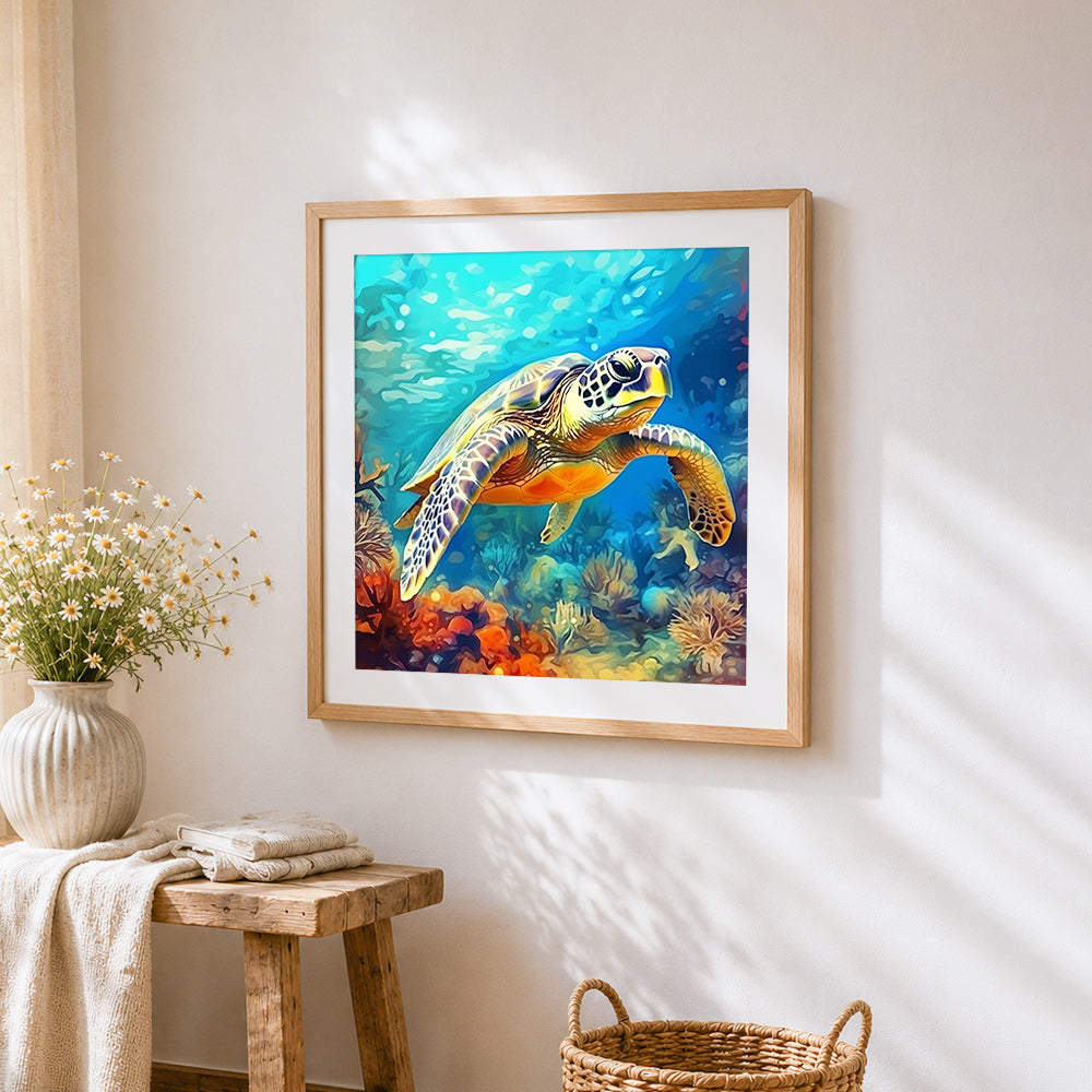 Sea turtle swimming underwater cross stitch artwork displayed on wall as home decor
