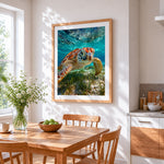 Sea turtle underwater close-up cross stitch artwork displayed on wall as home decor
