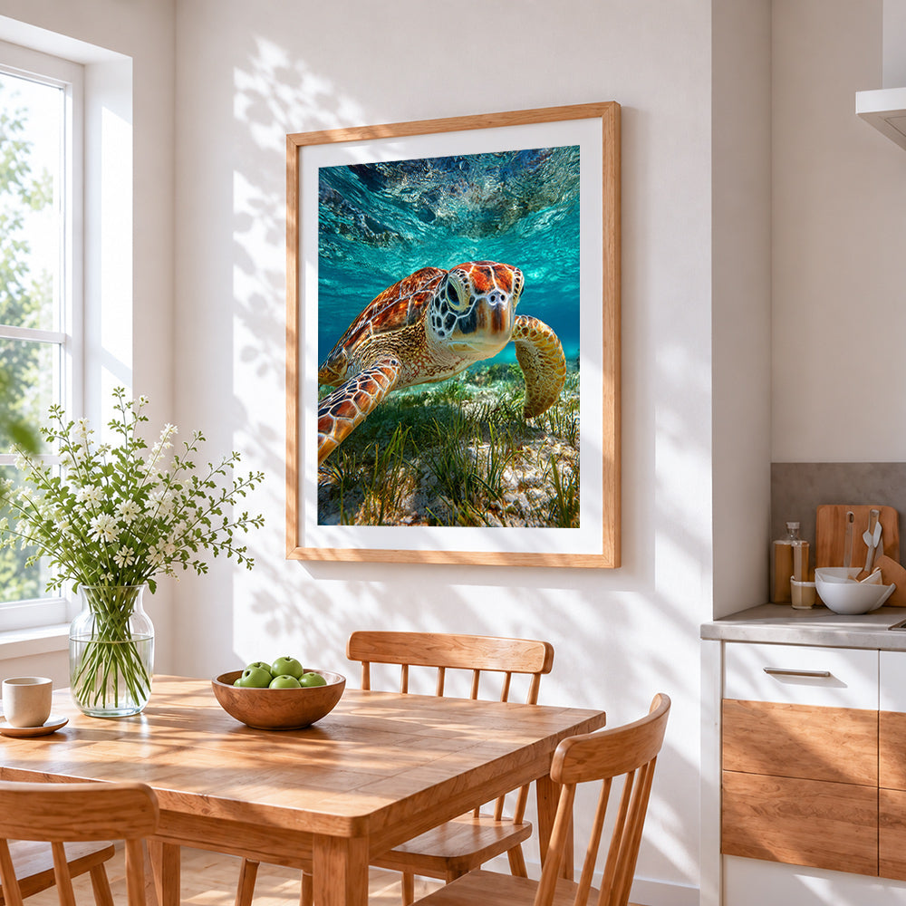 Sea turtle underwater close-up cross stitch artwork displayed on wall as home decor