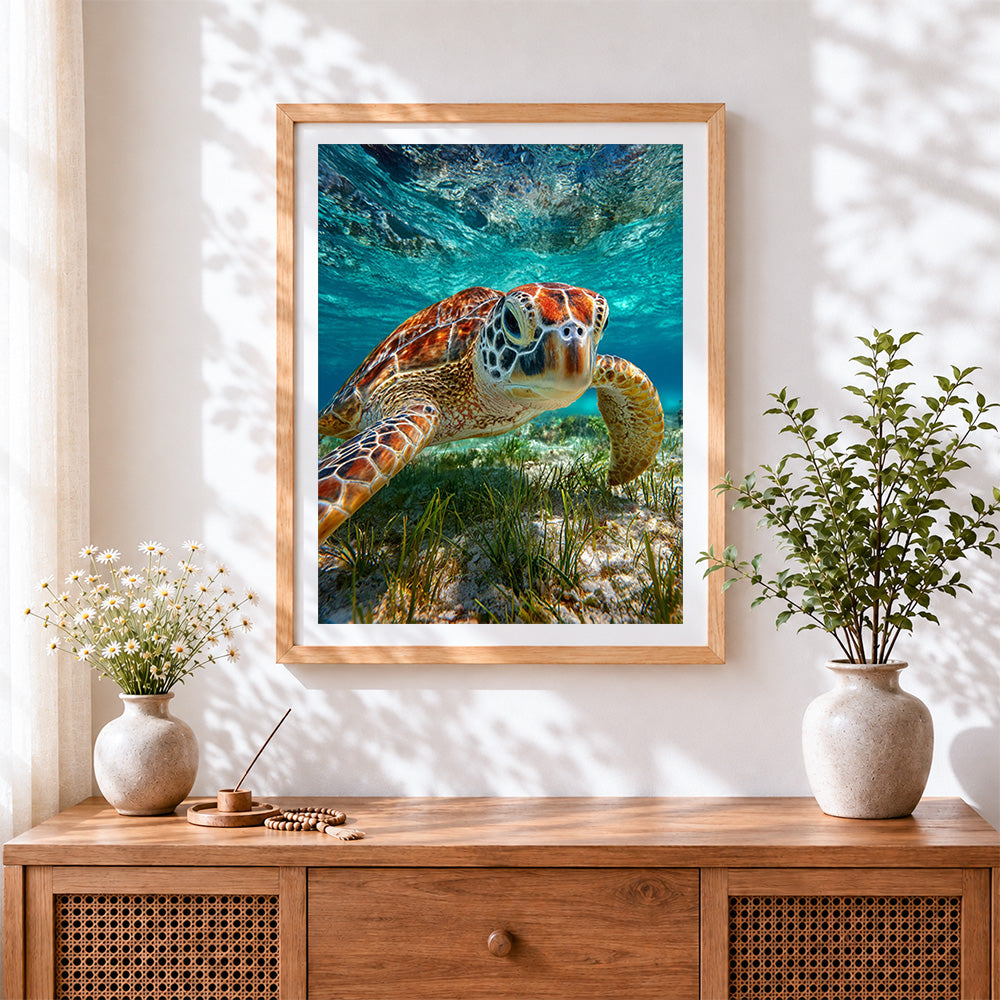 Finished sea turtle underwater close-up paint by numbers artwork displayed as home decor