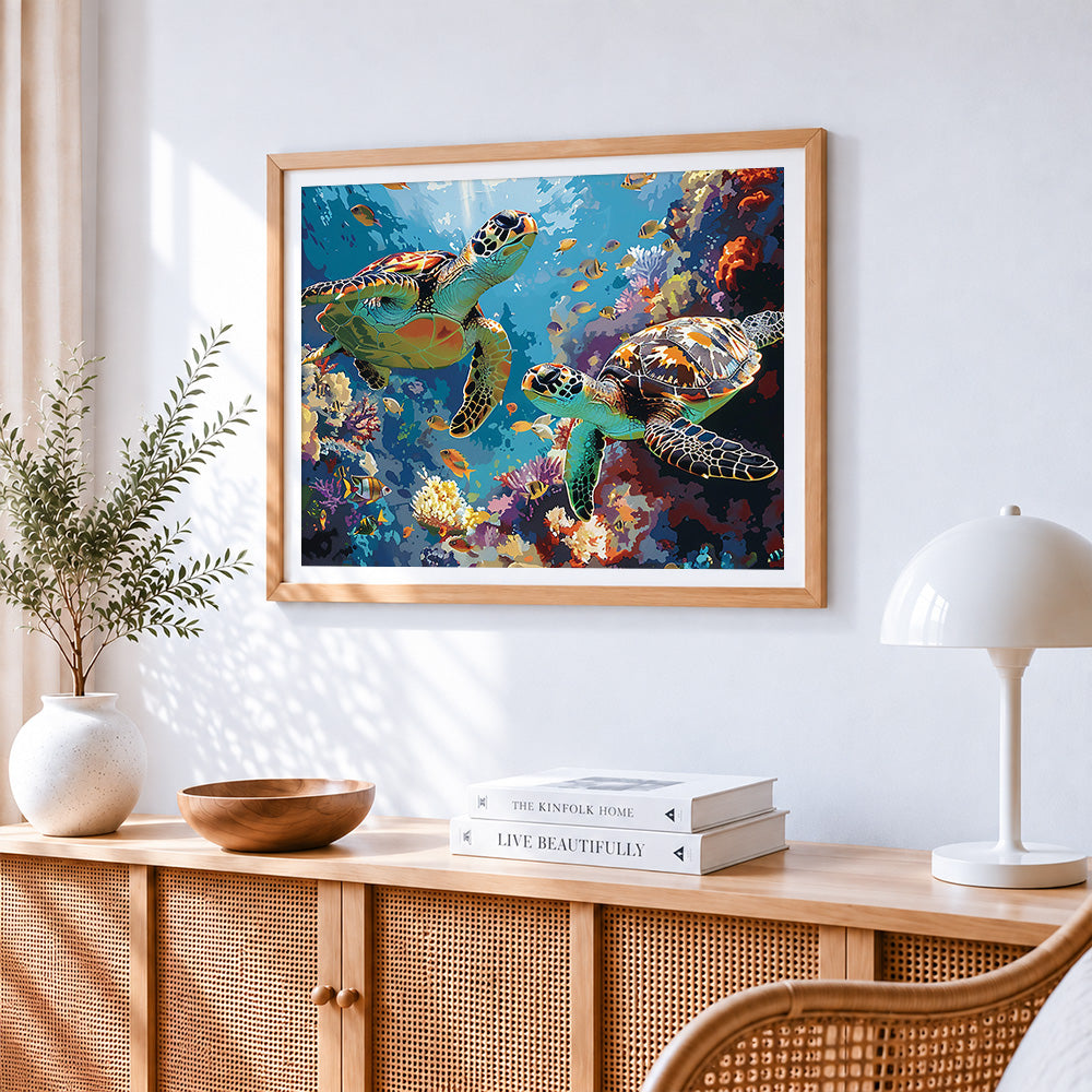 Sea turtles and tropical fish cross stitch artwork displayed on wall as home decor