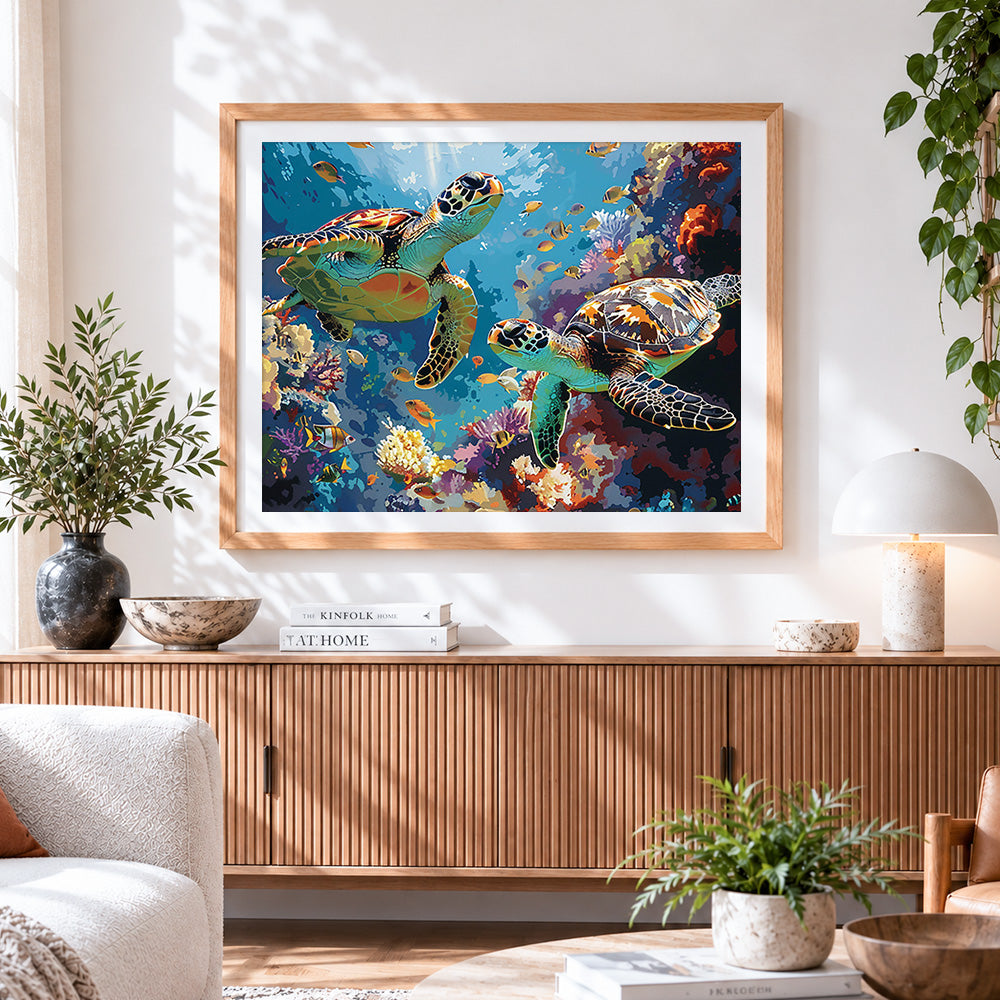Finished sea turtles and tropical fish paint by numbers artwork displayed as home decor