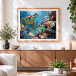 Finished sea turtles and tropical fish paint by numbers artwork displayed as home decor