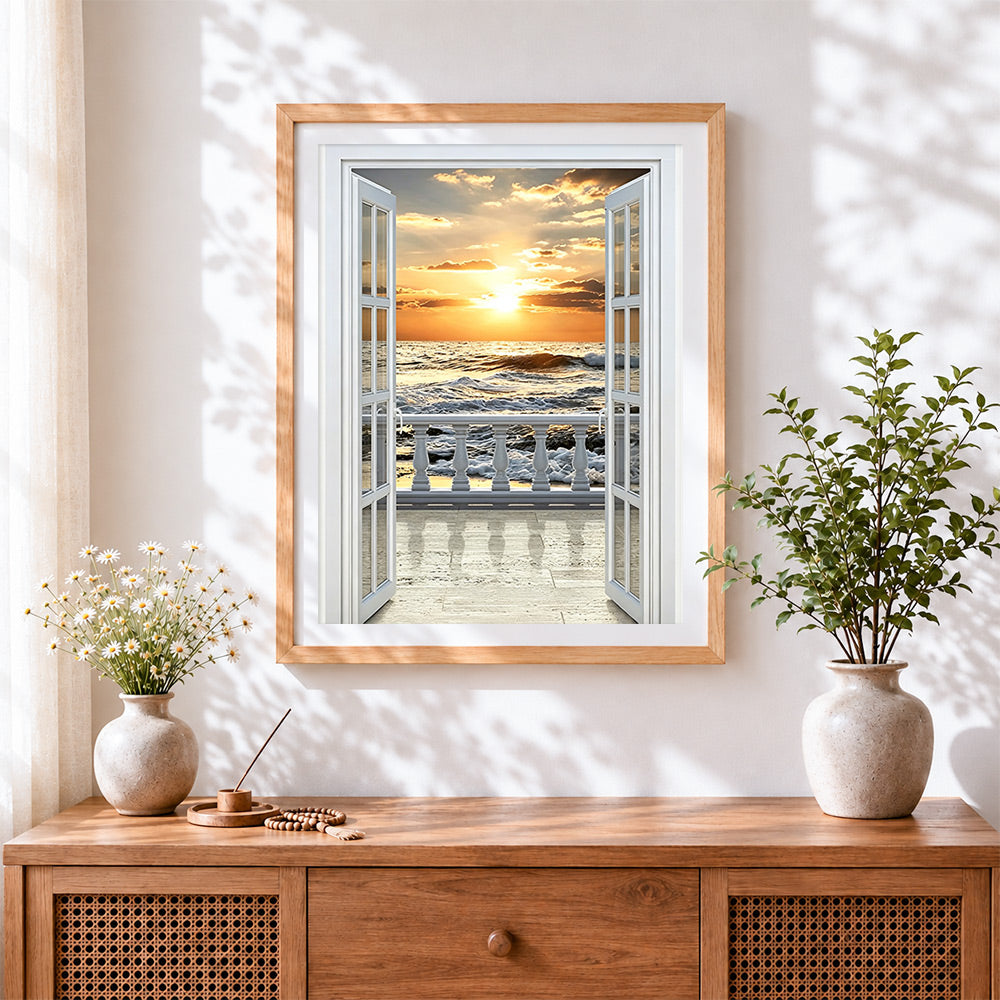 Finished sea view through the open window cross stitch artwork displayed