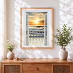 Finished sea view through the open window cross stitch artwork displayed