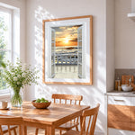 Sea view through the open window cross stitch artwork displayed on wall as home decor