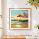Finished seascape at dusk cross stitch artwork displayed