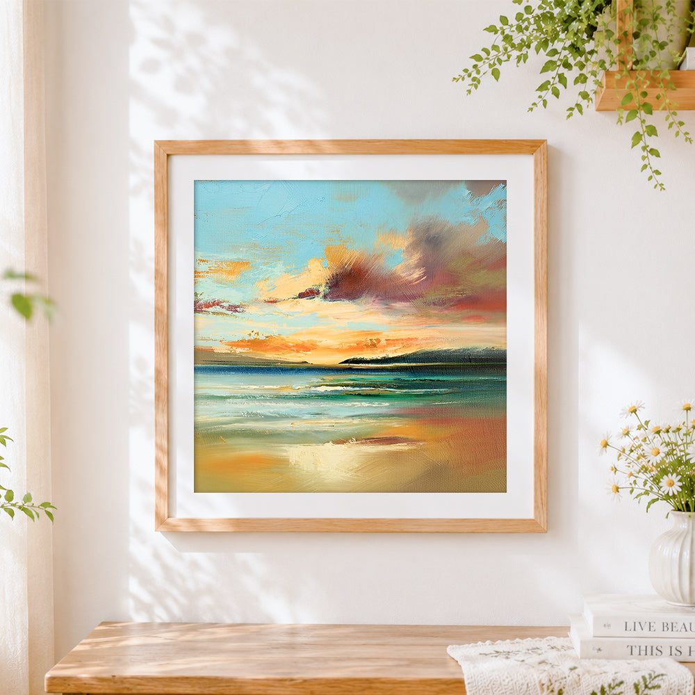 Finished seascape at dusk cross stitch artwork displayed