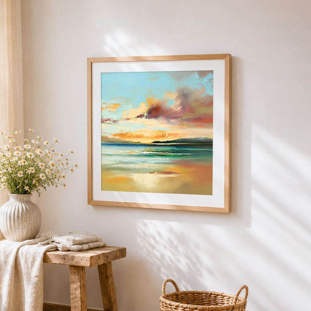 Seascape at dusk cross stitch artwork displayed on wall as home decor