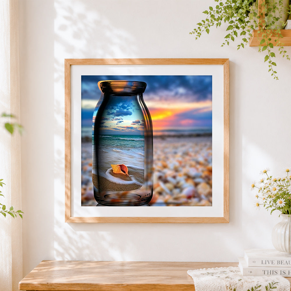 Finished seashell and waves in glass bottle cross stitch artwork displayed