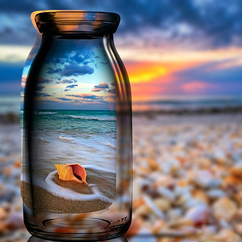 Seashell and waves in glass bottle cross stitch kit for beginners