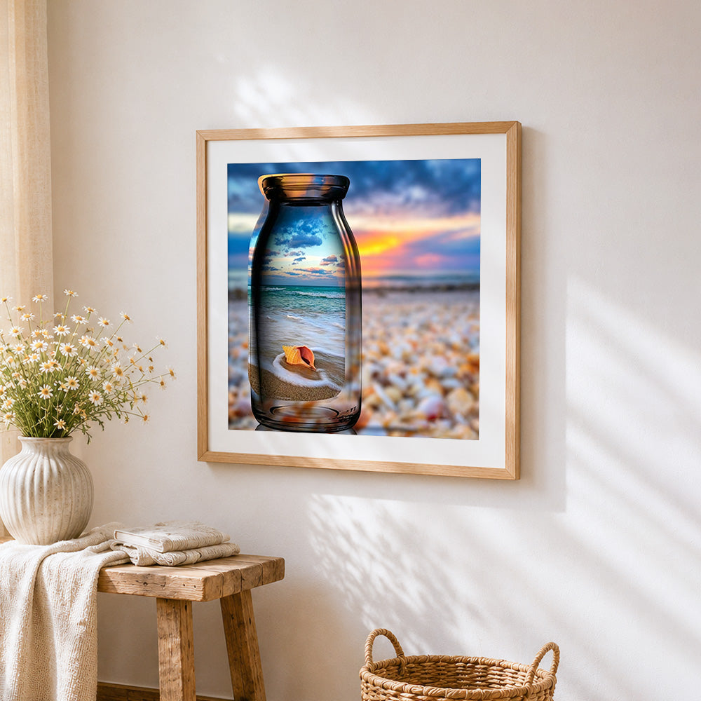 seashell-and-waves-in-glass-bottle cross stitch artwork displayed on wall as home decor