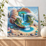 Finished seashell paradise waterfall pearl diamond painting artwork displayed as holiday home decor