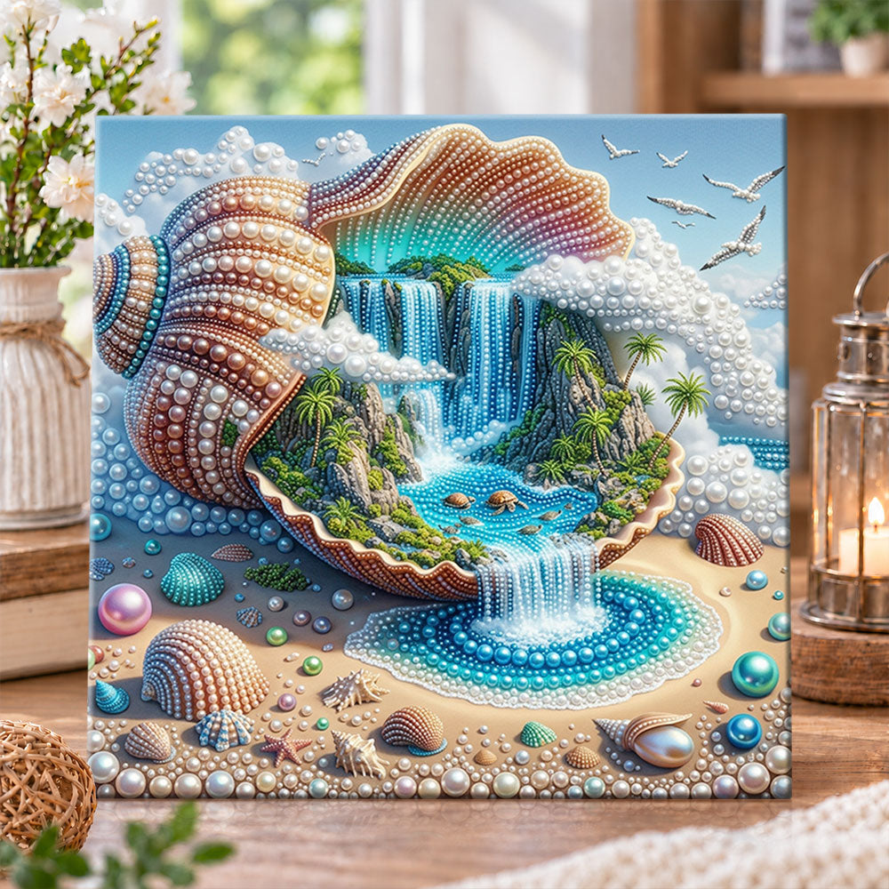 Seashell paradise waterfall pearl diamond painting kit for beginners