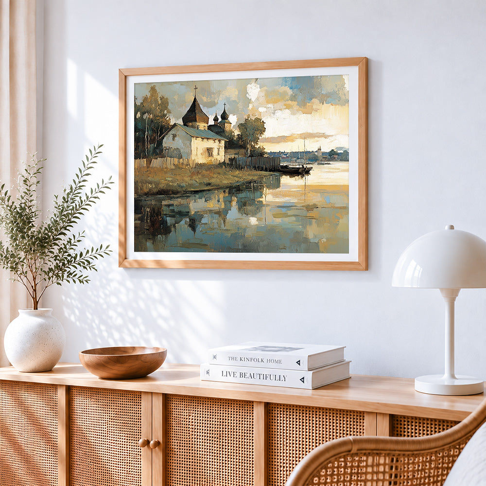 Seaside church and reflection cross stitch artwork displayed on wall as home decor