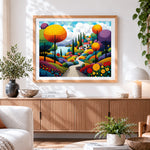 Finished seaside colourful garden path cross stitch artwork displayed