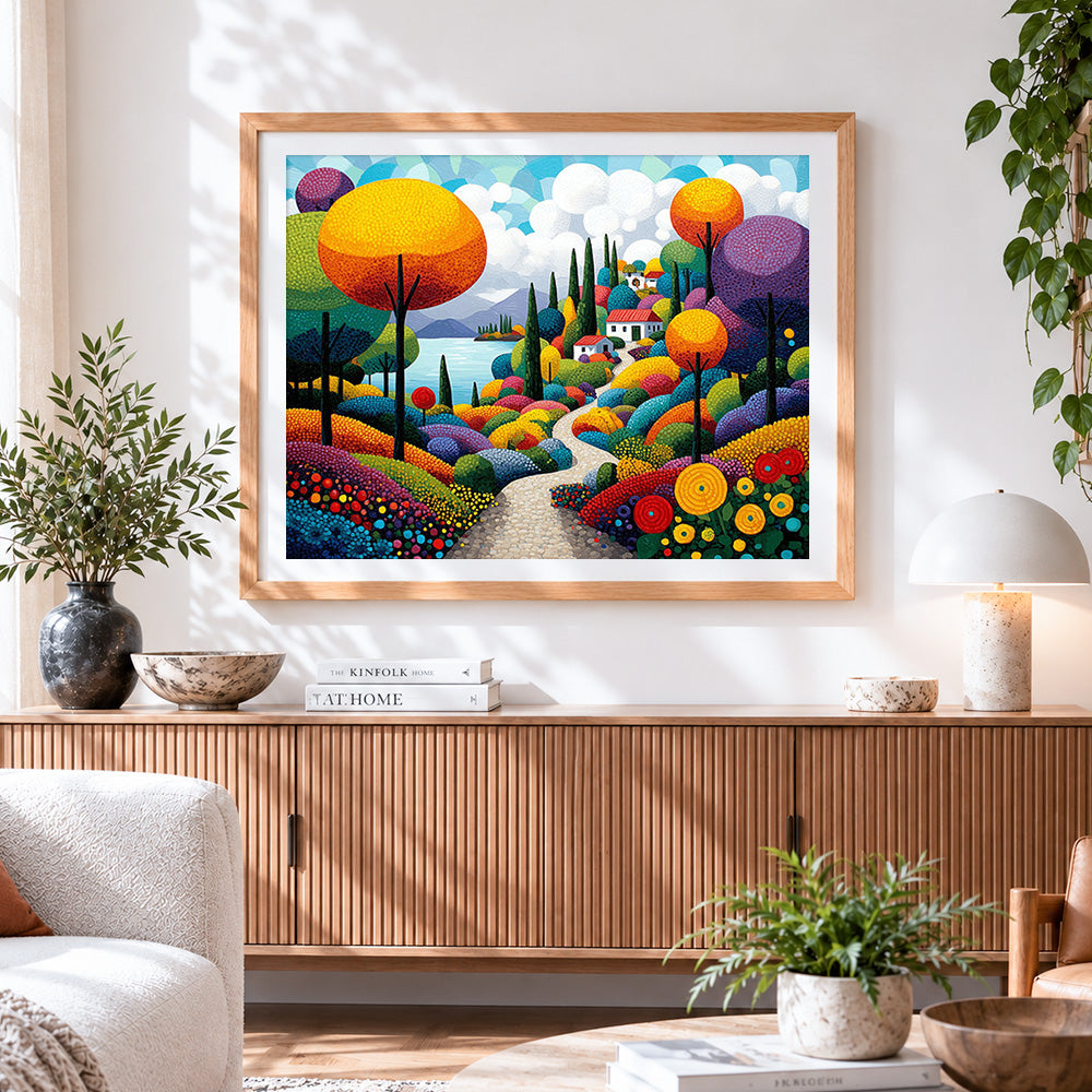 Finished seaside colourful garden path cross stitch artwork displayed