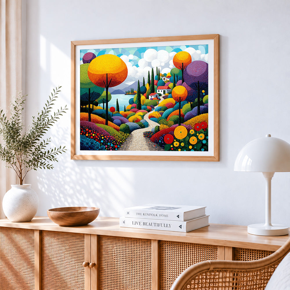 Seaside colourful garden path cross stitch artwork displayed on wall as home decor