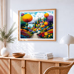 Seaside colourful garden path paint by numbers artwork displayed on wall as home decor