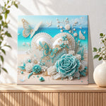 Finished seaside heart with butterflies pearl diamond painting artwork displayed as holiday home decor