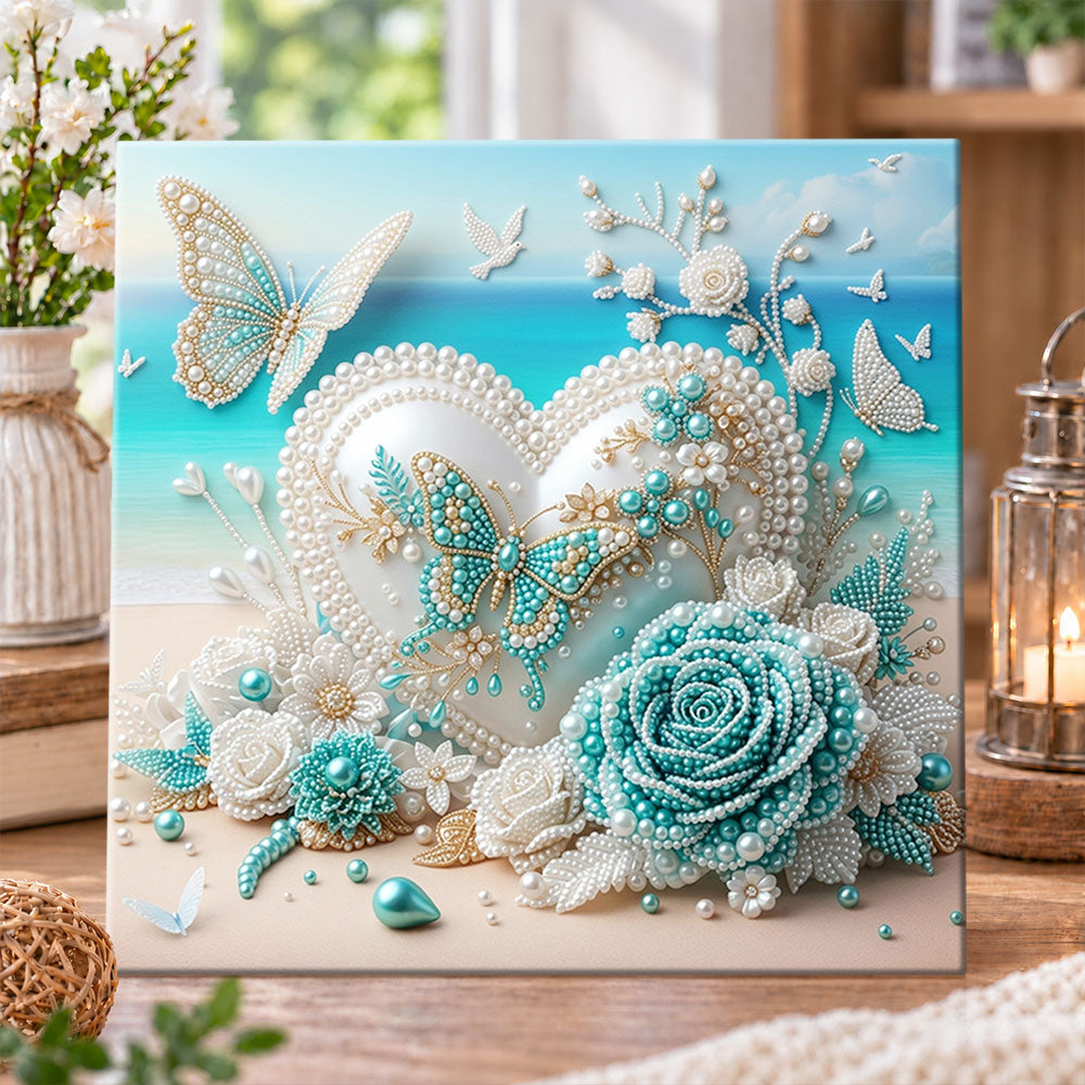 Seaside heart with butterflies pearl diamond painting kit for beginners