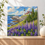 Finished seaside lighthouse landscape pearl diamond painting artwork displayed as holiday home decor