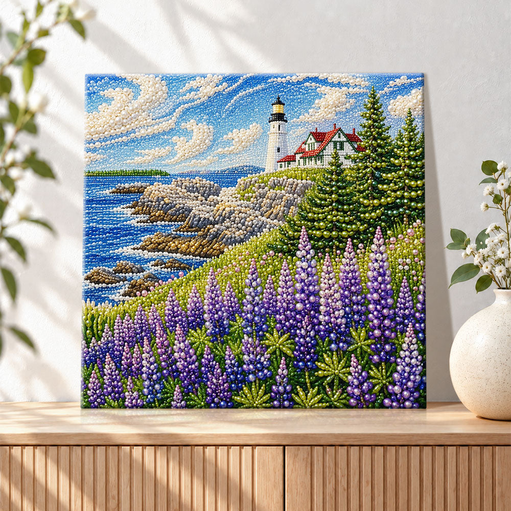 Finished seaside lighthouse landscape pearl diamond painting artwork displayed as holiday home decor