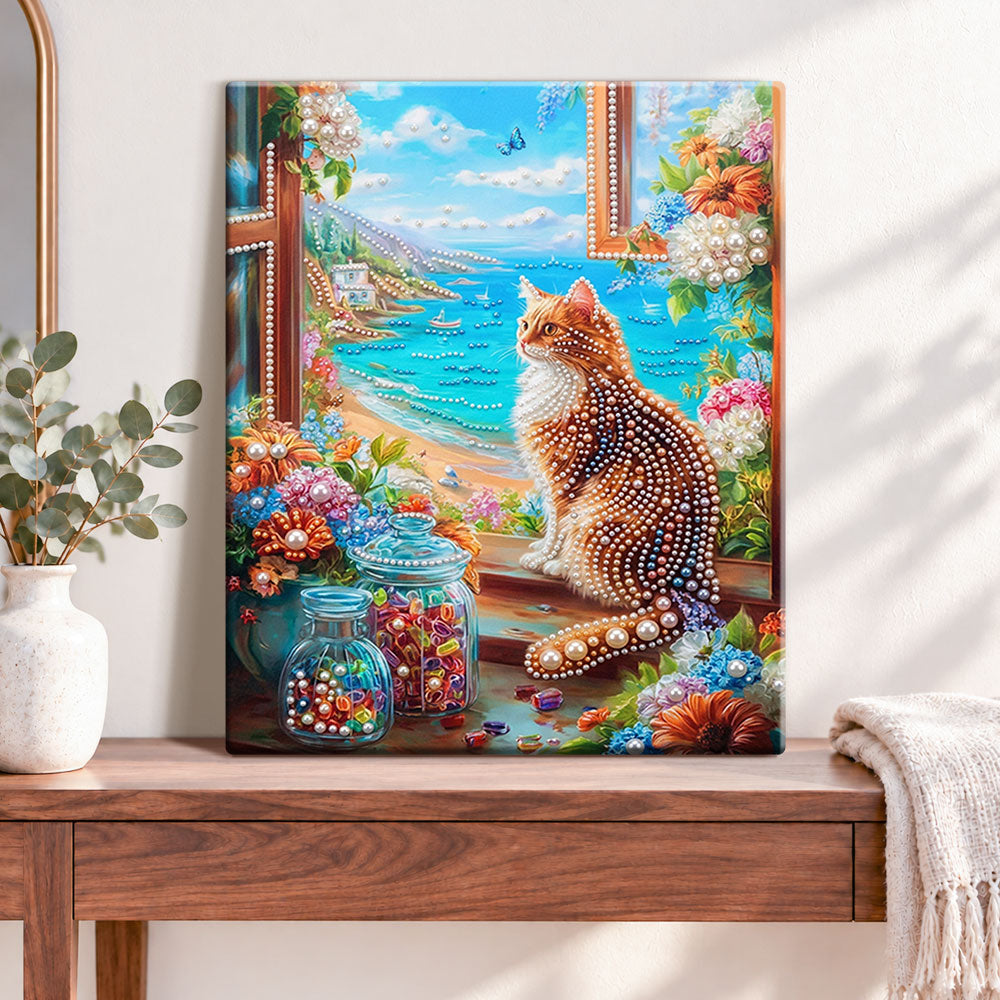 Finished seaview window kitten pearl diamond painting artwork displayed as home decor