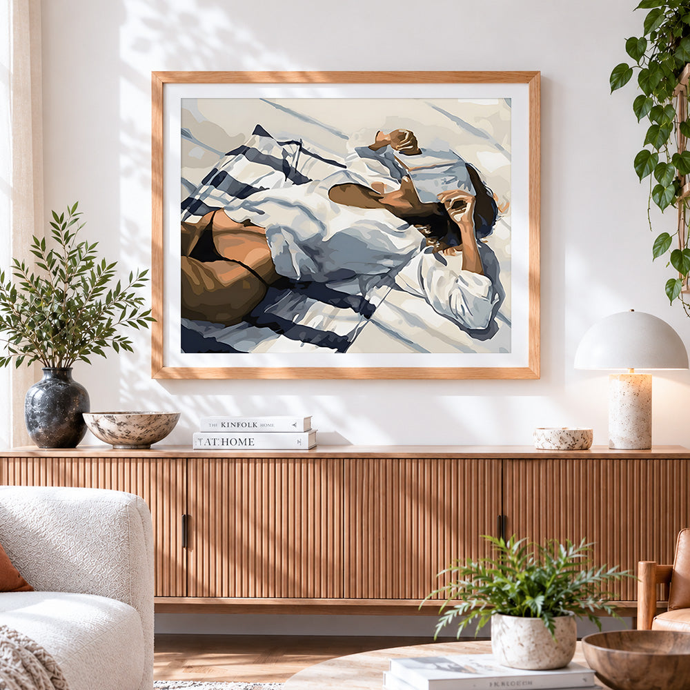 Finished sensual sleeping woman in sunlight paint by numbers artwork displayed as home decor