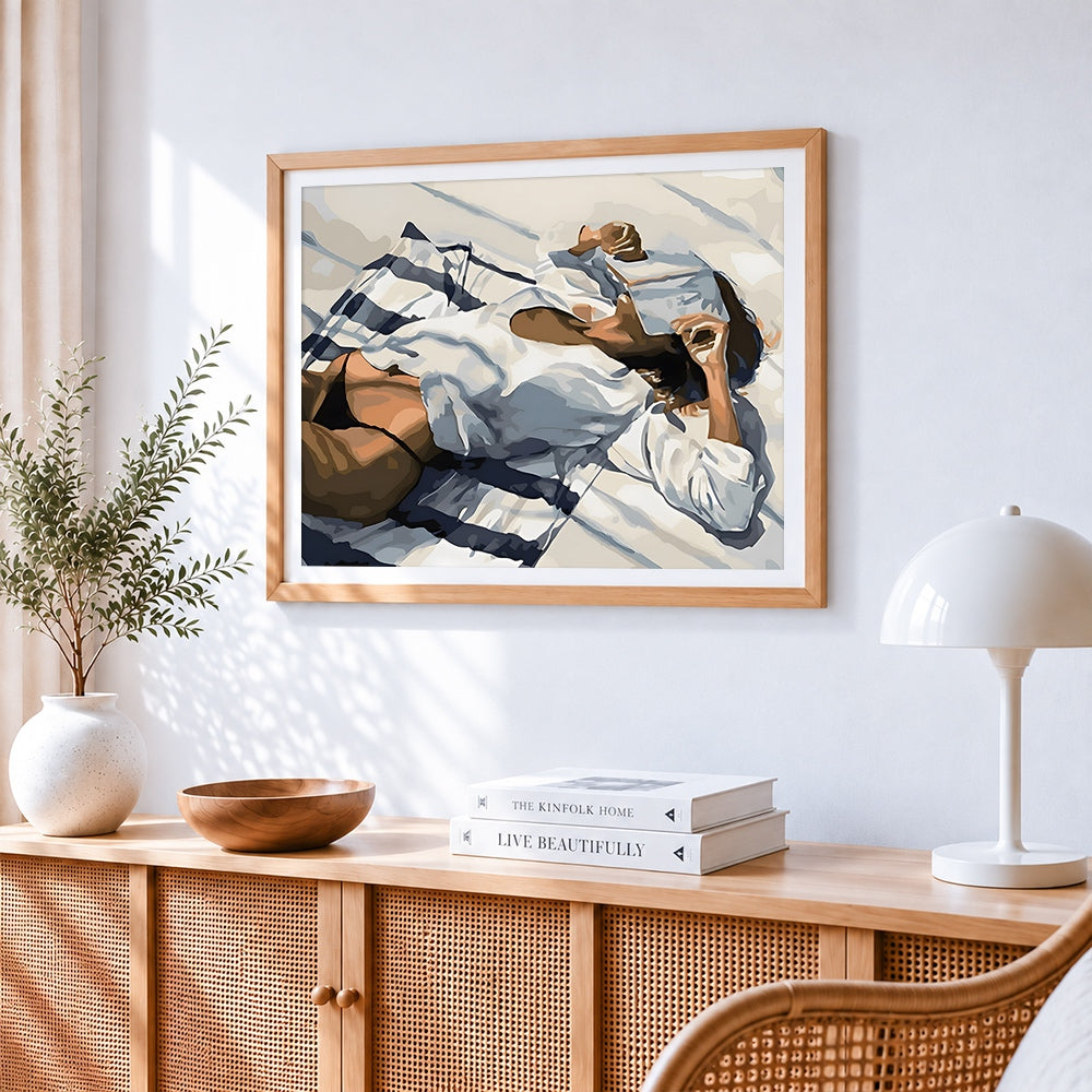 Sensual sleeping woman in sunlight paint by numbers artwork displayed on wall as home decor