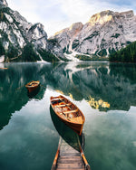 Serene alpine lake and wooden boats cross stitch kit for beginners