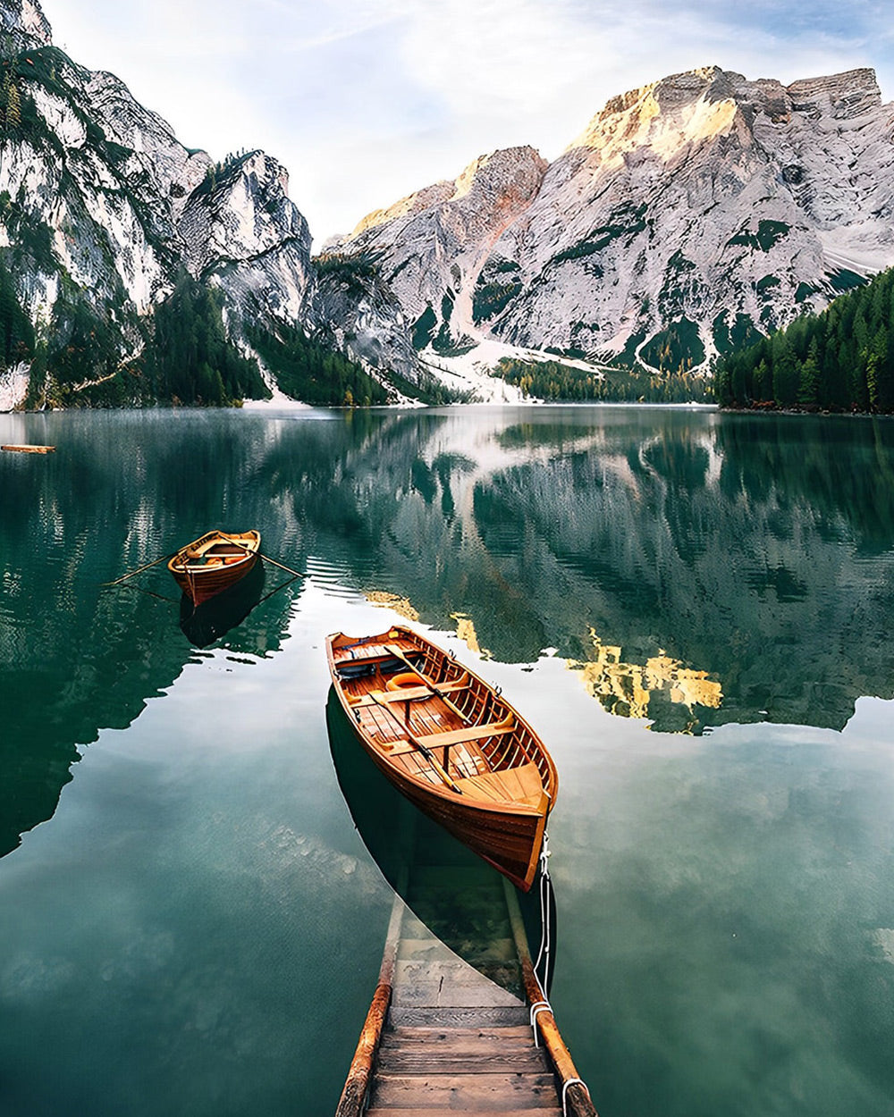 Serene alpine lake and wooden boats cross stitch kit for beginners