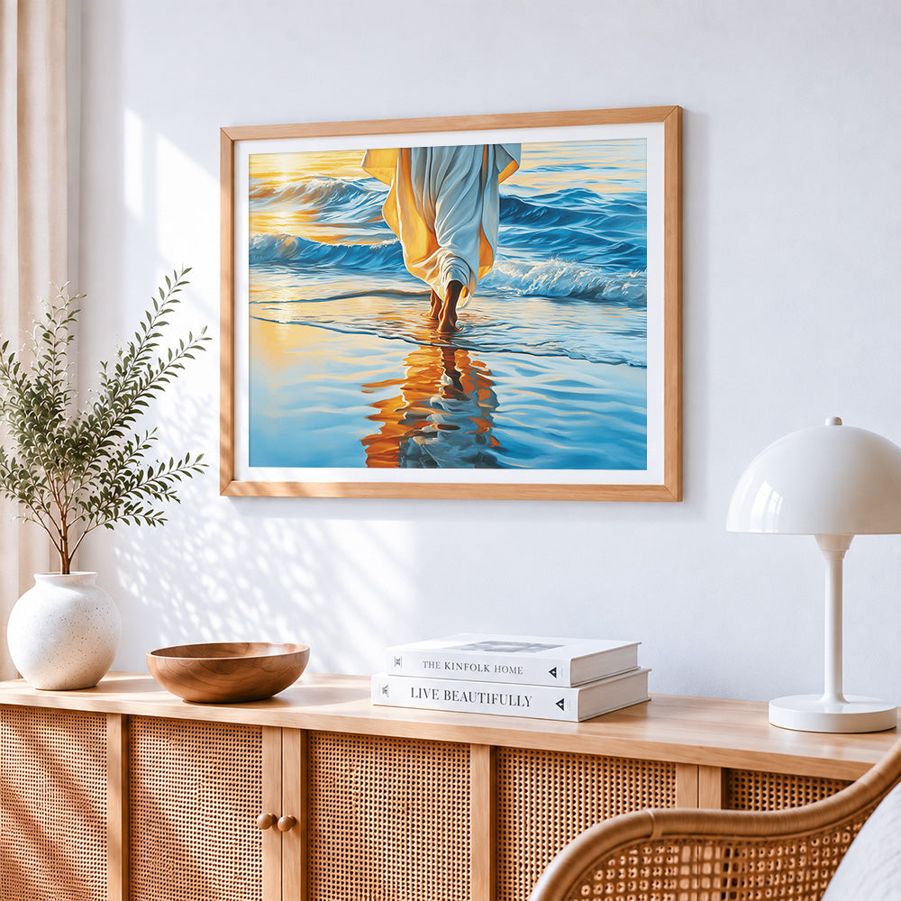 Serene figure walking on beach cross stitch artwork displayed on wall as home decor
