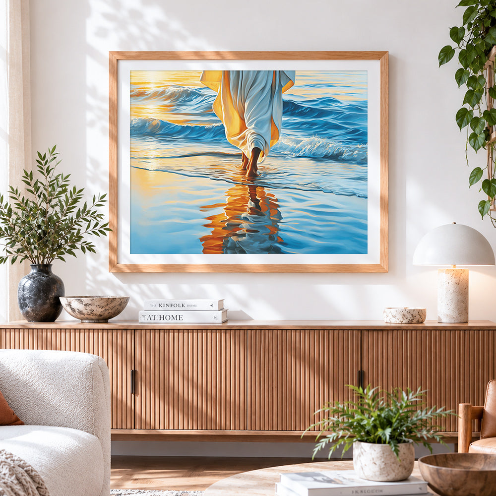 Finished serene figure walking on beach paint by numbers artwork displayed as home decor