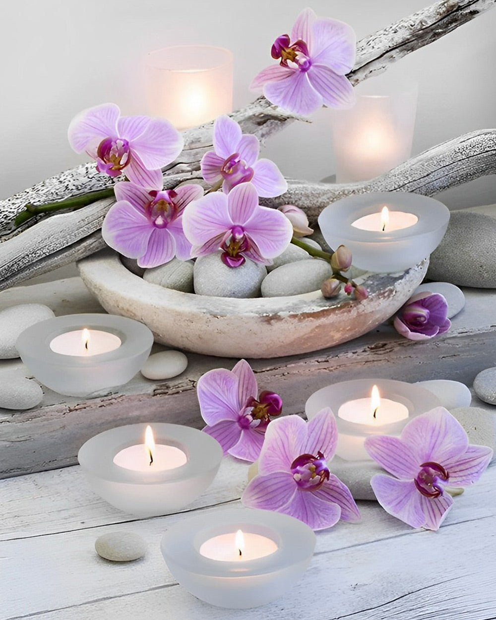 Serene orchid and candle spa cross stitch kit for beginners