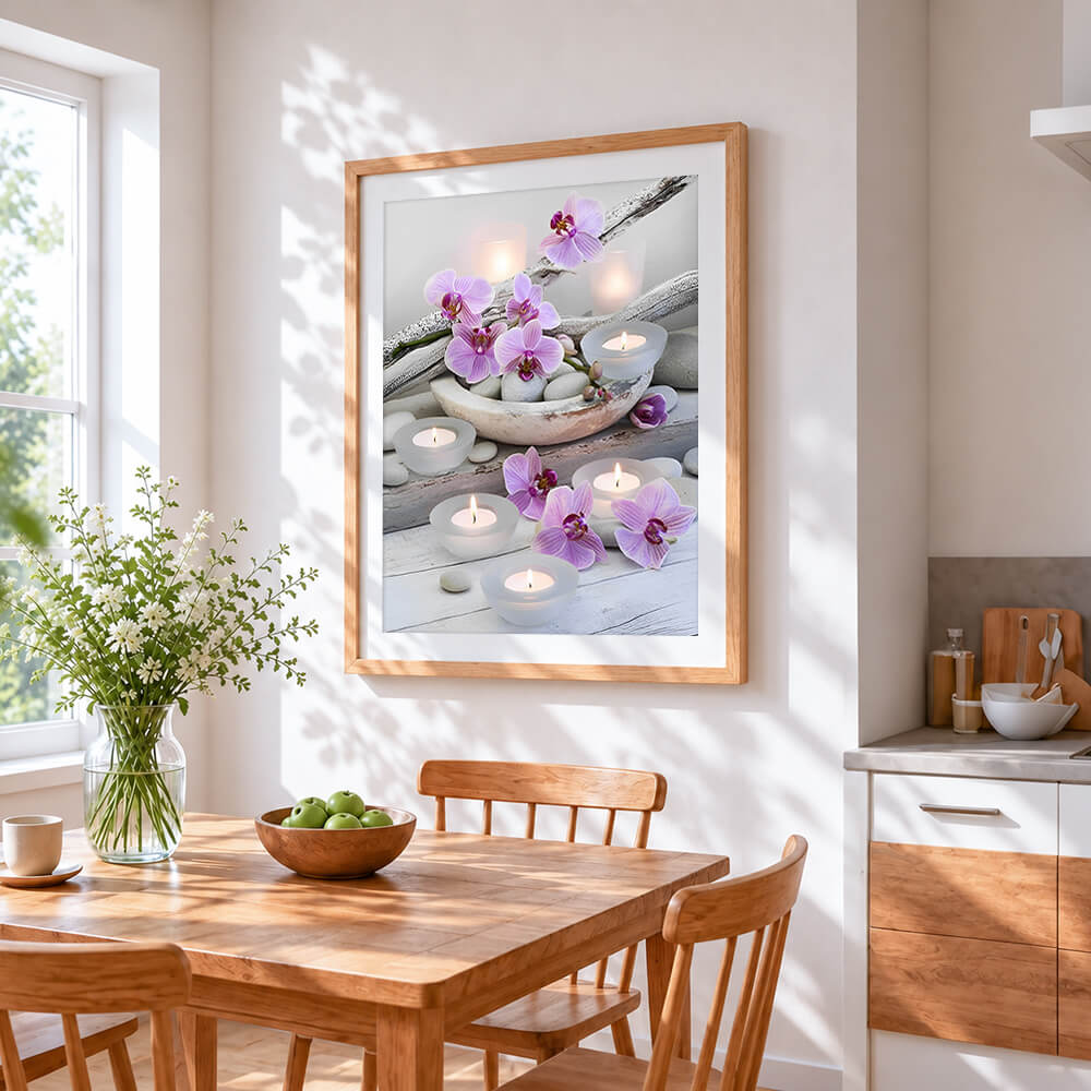 Serene orchid and candle spa cross stitch artwork displayed on wall as home decor