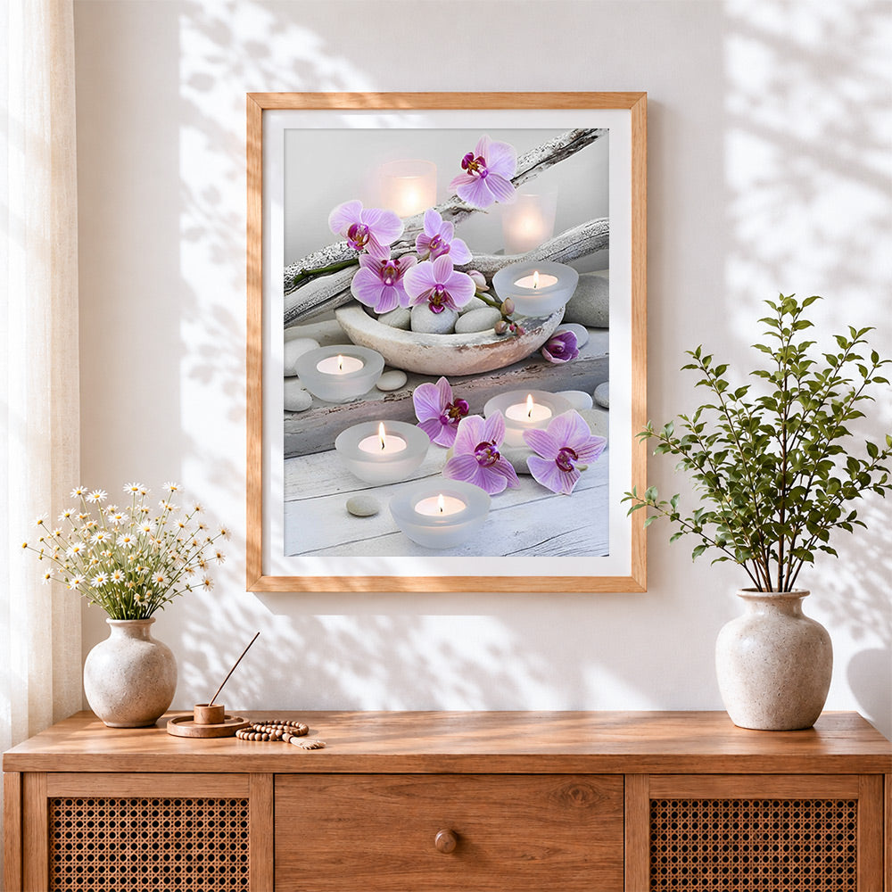 Finished serene orchid and candle spa paint by numbers artwork displayed as home decor