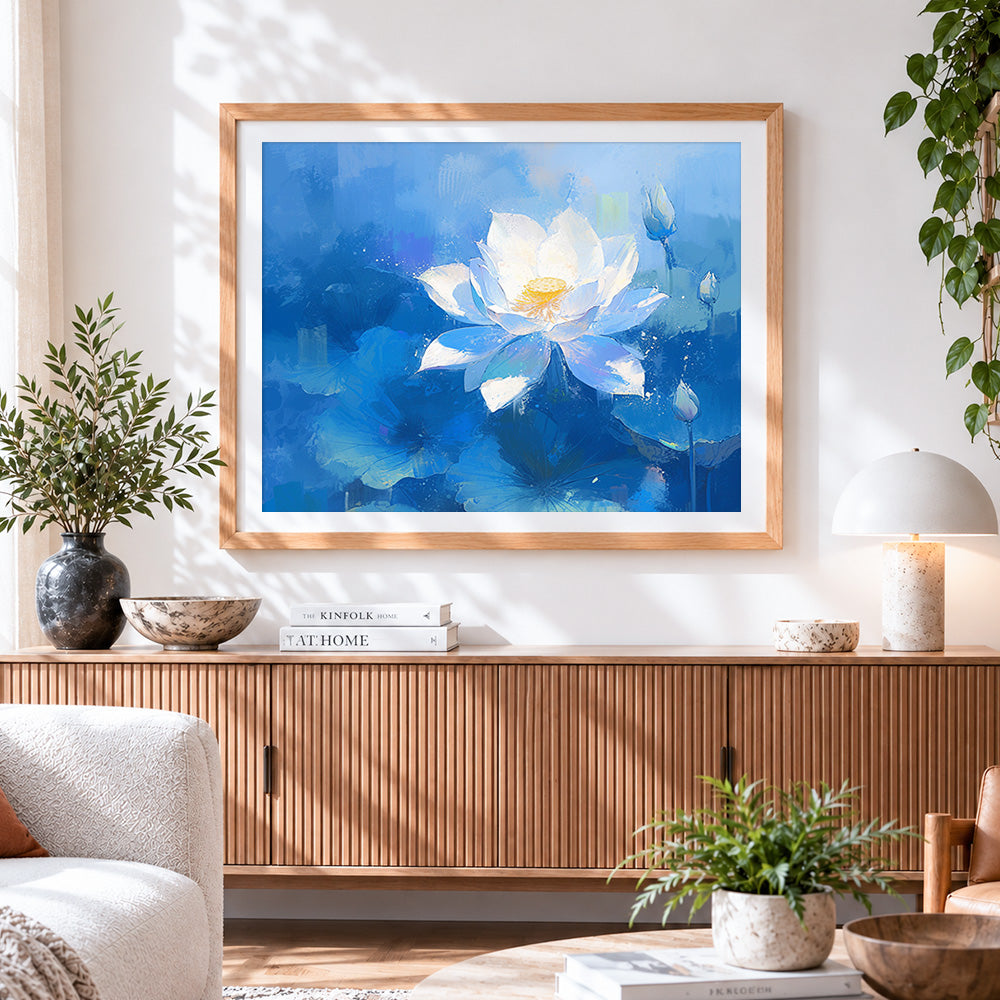 Finished serene white lotus on blue cross stitch artwork displayed