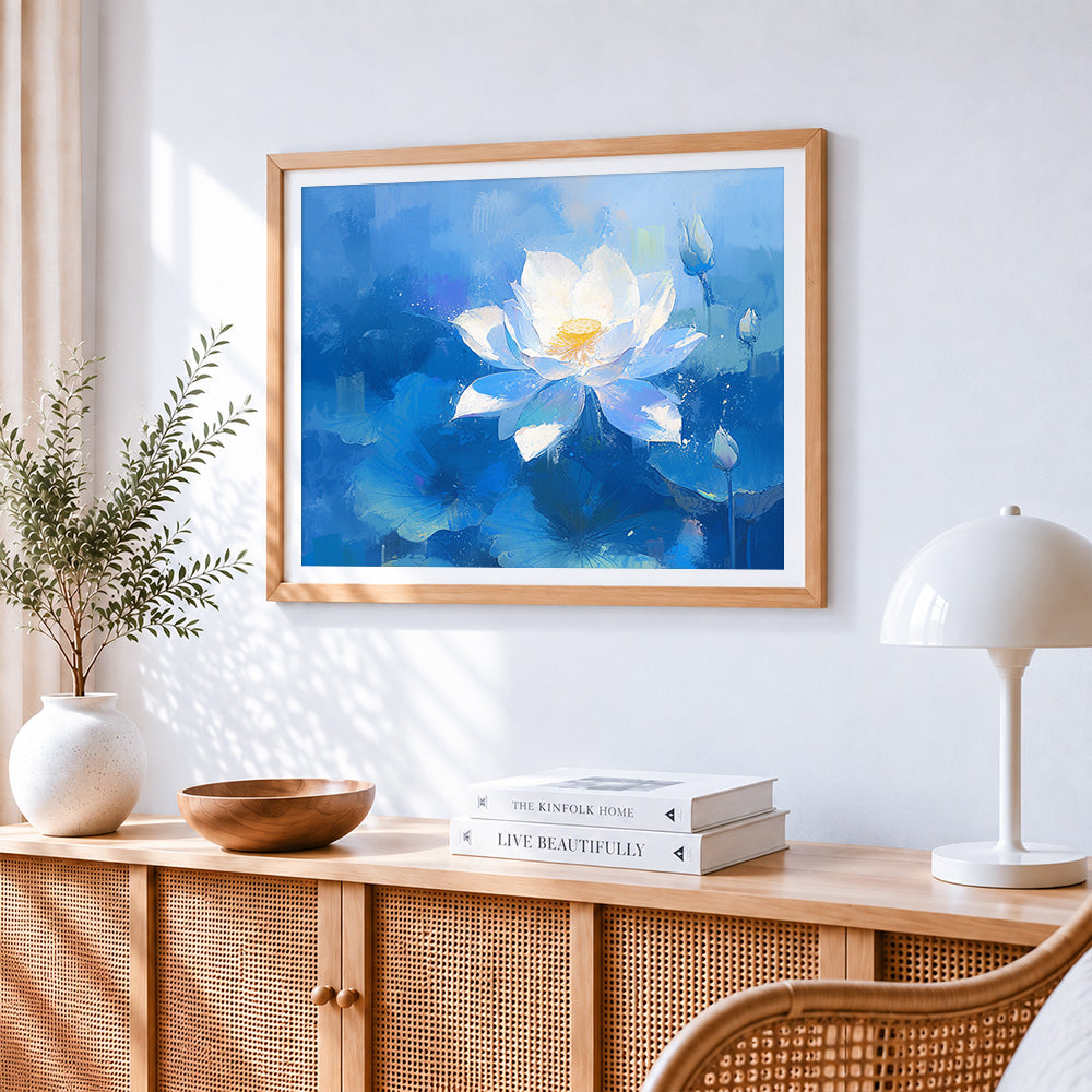 Serene white lotus on blue cross stitch artwork displayed on wall as home decor