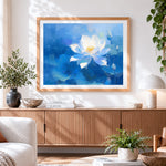 Finished serene white lotus on blue paint by numbers artwork displayed as home decor