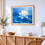 Serene white lotus on blue paint by numbers artwork displayed on wall as home decor